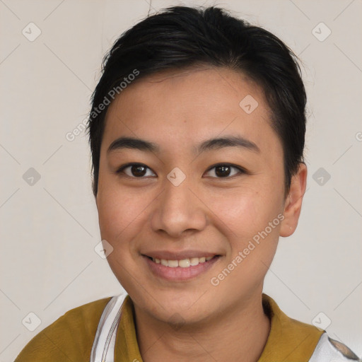 Joyful white young-adult female with short  brown hair and brown eyes