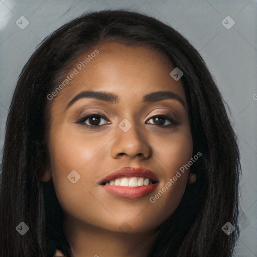 Joyful latino young-adult female with long  brown hair and brown eyes