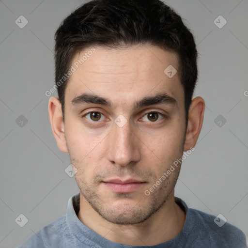 Neutral white young-adult male with short  brown hair and brown eyes