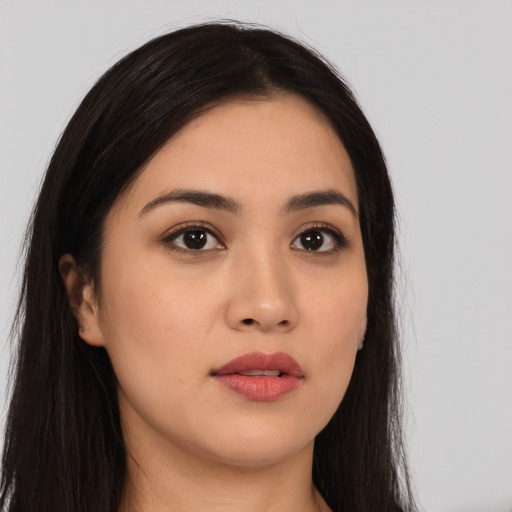 Neutral asian young-adult female with long  black hair and brown eyes