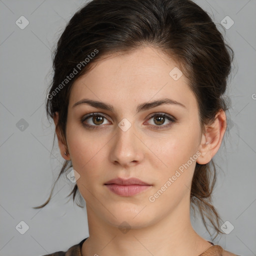 Neutral white young-adult female with medium  brown hair and brown eyes