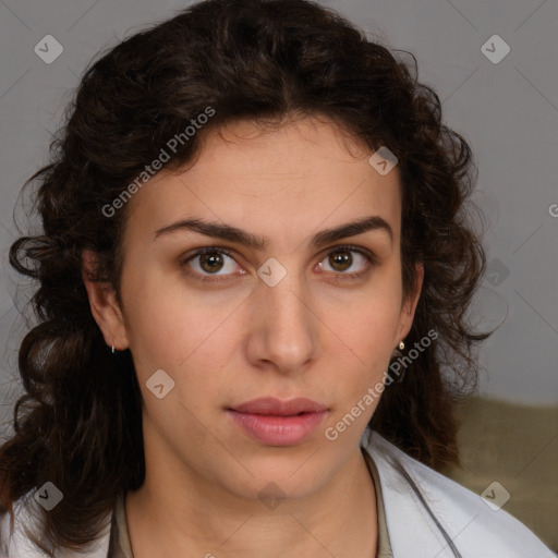 Neutral white young-adult female with medium  brown hair and brown eyes