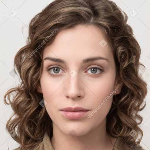 Neutral white young-adult female with medium  brown hair and brown eyes