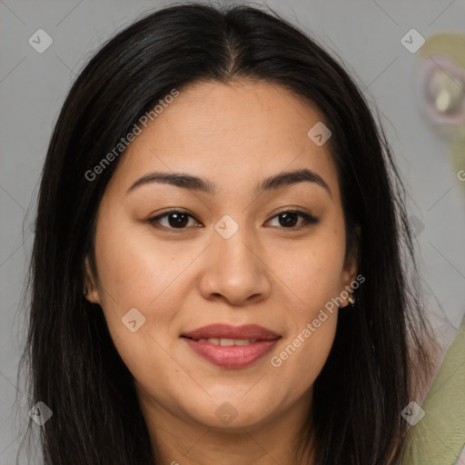 Joyful latino young-adult female with long  brown hair and brown eyes