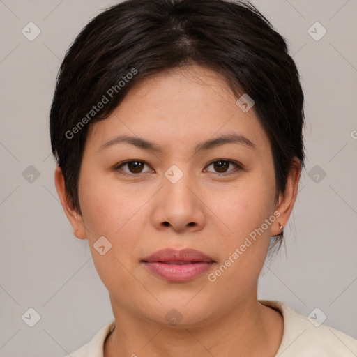 Joyful asian young-adult female with short  brown hair and brown eyes