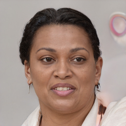 Joyful latino adult female with short  brown hair and brown eyes