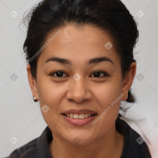 Joyful latino young-adult female with short  brown hair and brown eyes