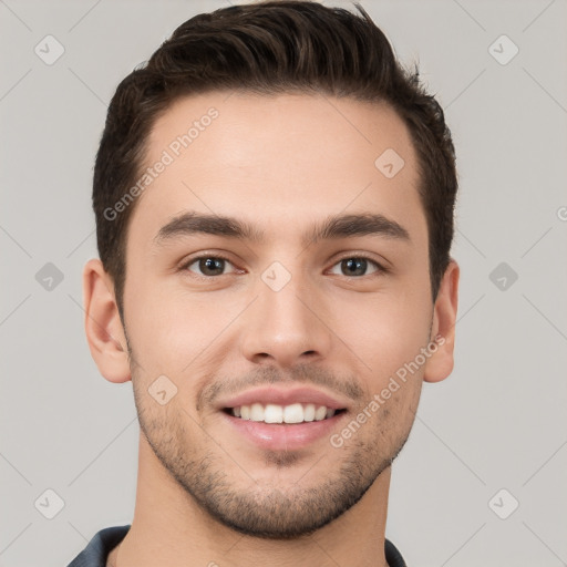 Joyful white young-adult male with short  brown hair and brown eyes