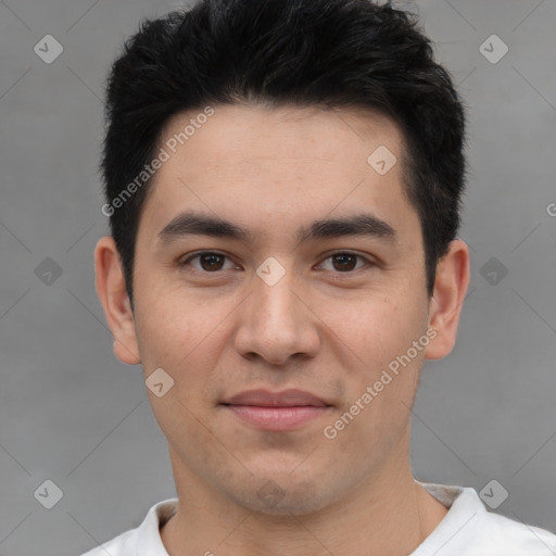 Joyful white young-adult male with short  black hair and brown eyes