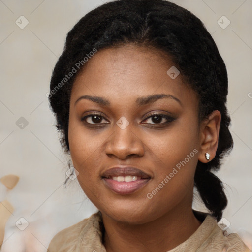 Joyful black young-adult female with medium  black hair and brown eyes