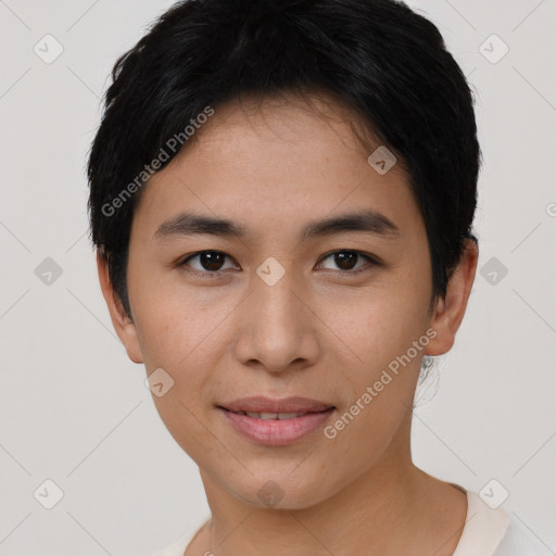 Joyful asian young-adult female with short  brown hair and brown eyes