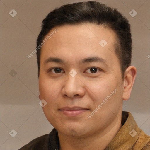 Joyful white adult male with short  brown hair and brown eyes