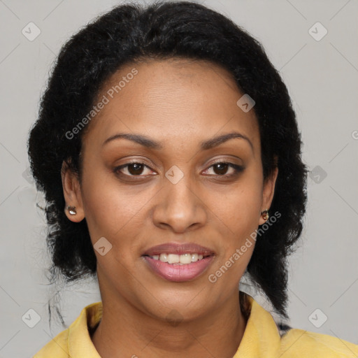 Joyful black young-adult female with medium  brown hair and brown eyes