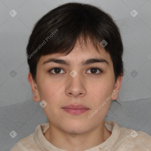 Neutral white young-adult female with short  brown hair and brown eyes