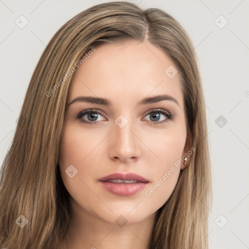 Neutral white young-adult female with long  brown hair and brown eyes