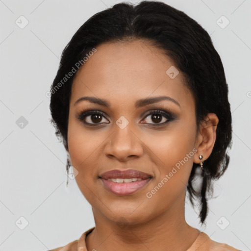 Joyful latino young-adult female with medium  black hair and brown eyes