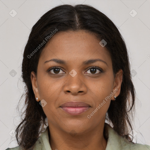 Joyful black young-adult female with medium  brown hair and brown eyes