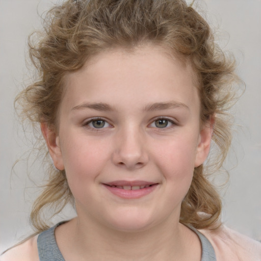 Joyful white child female with medium  brown hair and grey eyes