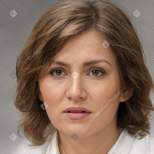 Neutral white young-adult female with medium  brown hair and brown eyes