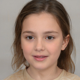 Joyful white child female with medium  brown hair and brown eyes