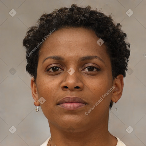 Neutral black young-adult female with short  brown hair and brown eyes