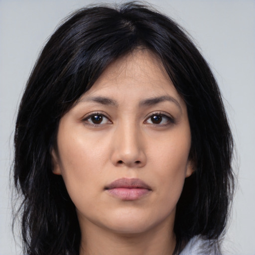 Neutral asian young-adult female with medium  black hair and brown eyes