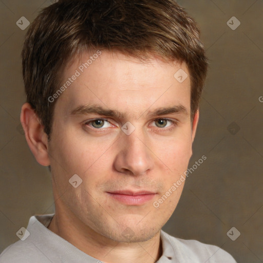 Neutral white young-adult male with short  brown hair and brown eyes