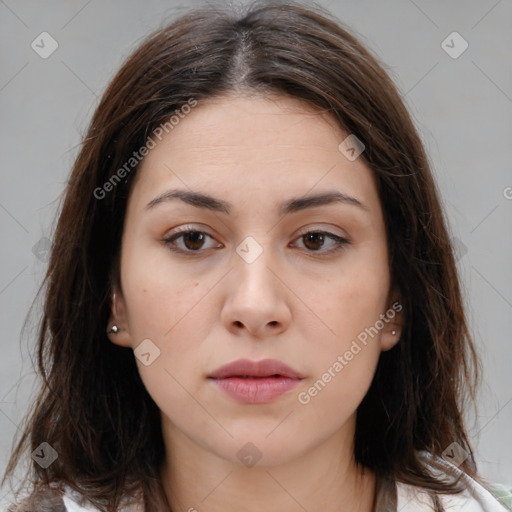 Neutral white young-adult female with medium  brown hair and brown eyes