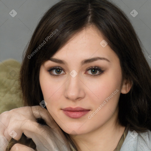 Neutral white young-adult female with medium  brown hair and brown eyes