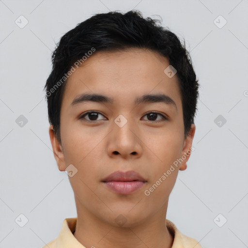 Neutral asian young-adult male with short  black hair and brown eyes