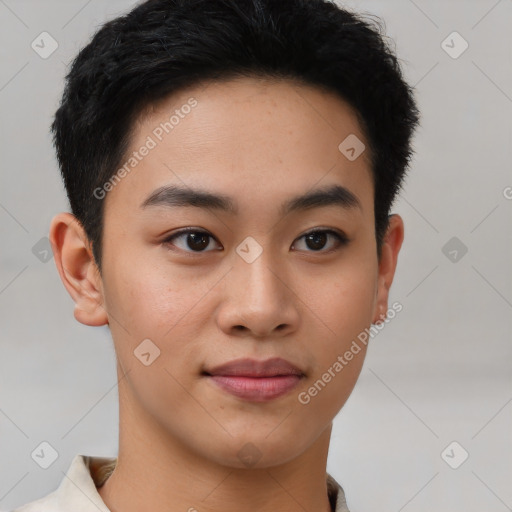 Joyful asian young-adult male with short  brown hair and brown eyes