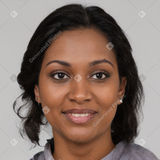 Joyful black young-adult female with medium  brown hair and brown eyes