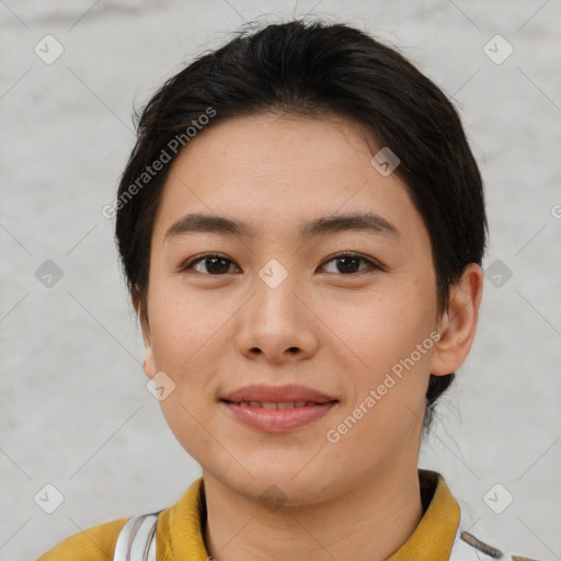 Joyful white young-adult female with short  brown hair and brown eyes