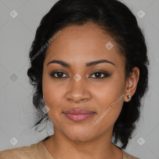 Joyful black young-adult female with medium  brown hair and brown eyes