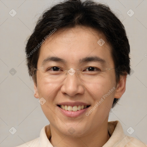 Joyful white adult female with short  brown hair and brown eyes