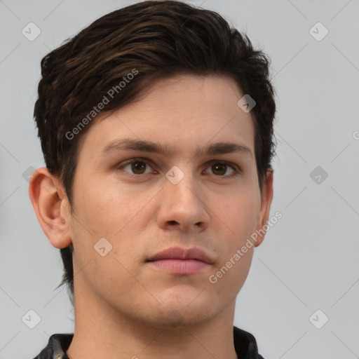 Neutral white young-adult male with short  brown hair and brown eyes