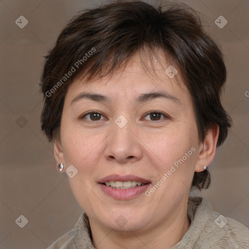 Joyful white adult female with medium  brown hair and brown eyes