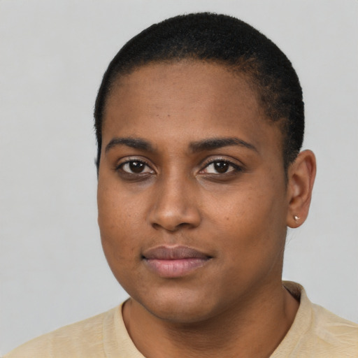 Neutral black young-adult female with short  black hair and brown eyes