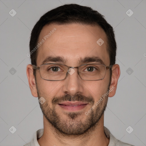 Joyful white adult male with short  brown hair and brown eyes