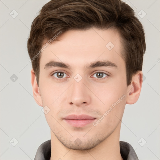 Neutral white young-adult male with short  brown hair and brown eyes