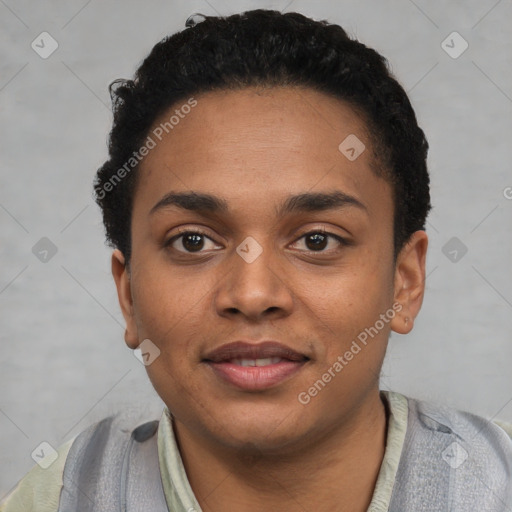 Joyful black young-adult female with short  black hair and brown eyes