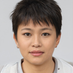 Neutral asian young-adult female with short  brown hair and brown eyes