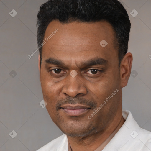 Joyful black adult male with short  black hair and brown eyes