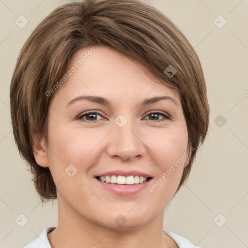 Joyful white young-adult female with medium  brown hair and green eyes