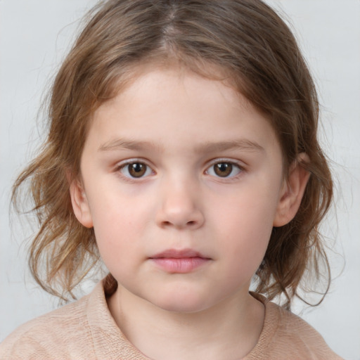 Neutral white child female with medium  brown hair and grey eyes