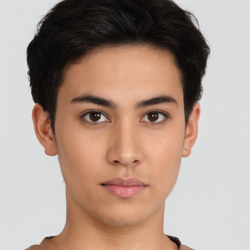 Neutral asian young-adult male with short  brown hair and brown eyes