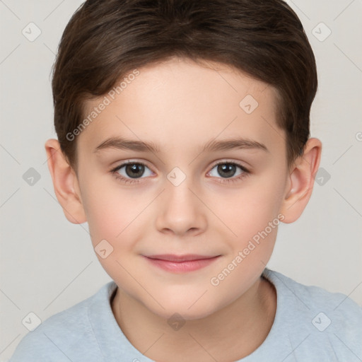 Joyful white child female with short  brown hair and brown eyes