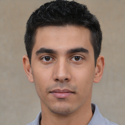 Neutral asian young-adult male with short  black hair and brown eyes