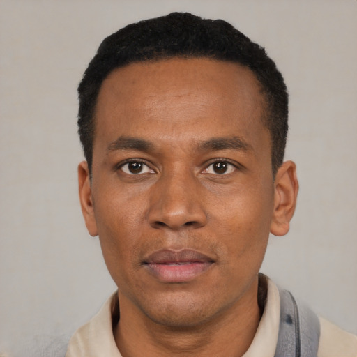 Neutral latino adult male with short  black hair and brown eyes