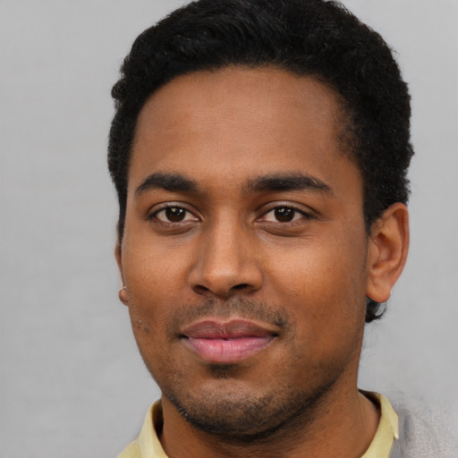 Neutral black young-adult male with short  black hair and brown eyes